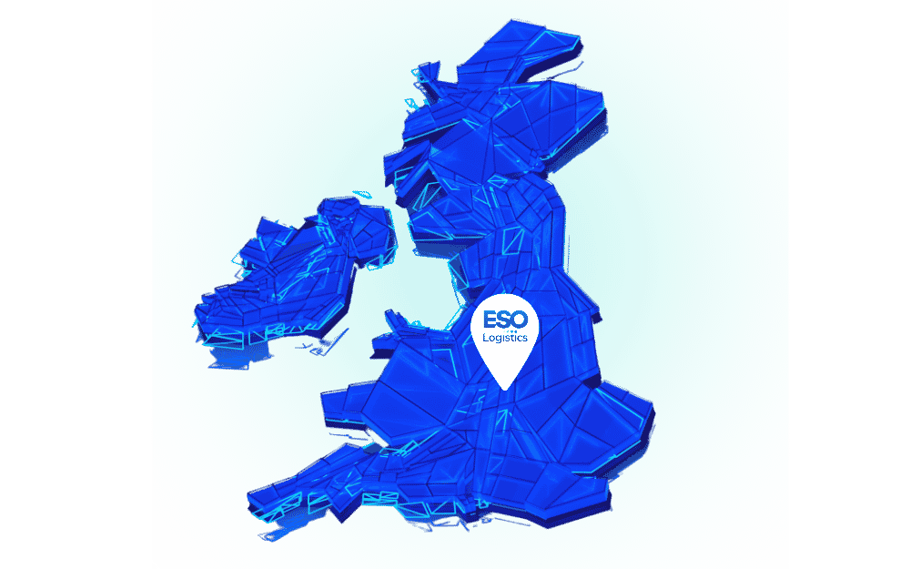 Map of Great Britain in blue with ESO Logistics location
