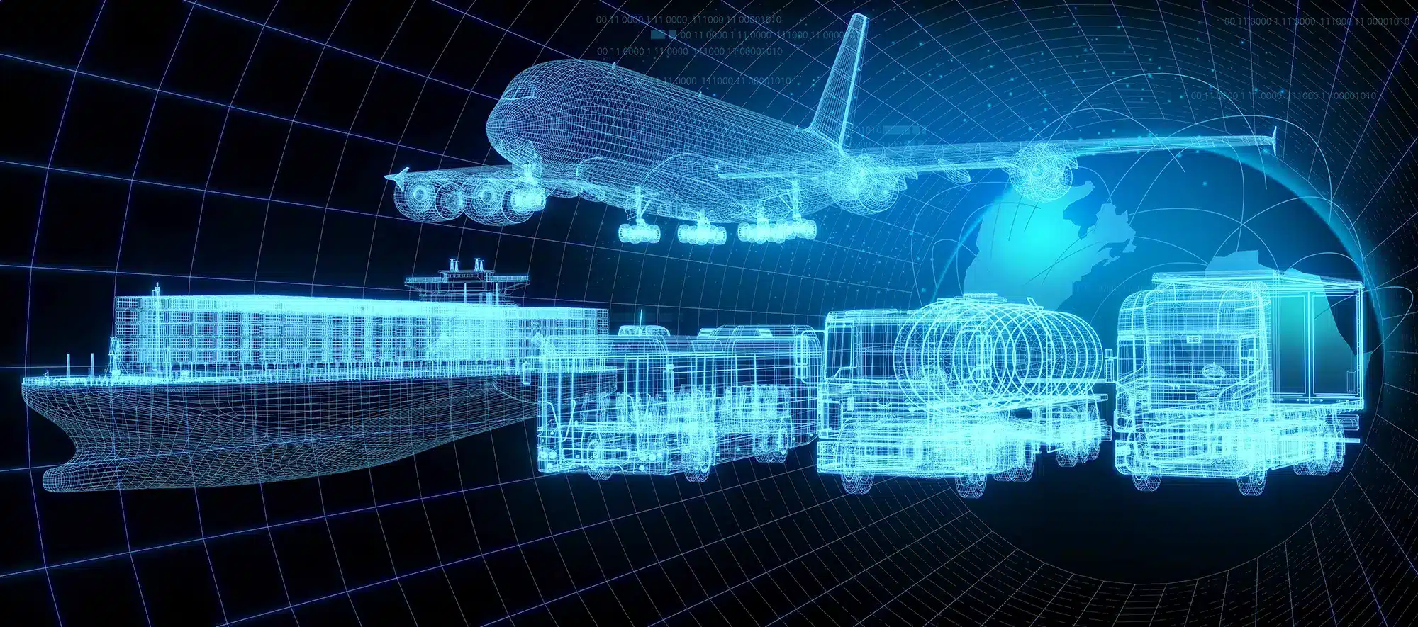 3d-rendering-illustration-aeroplane-cargo-ship-lorry-truck-with-world-maps-blueprint