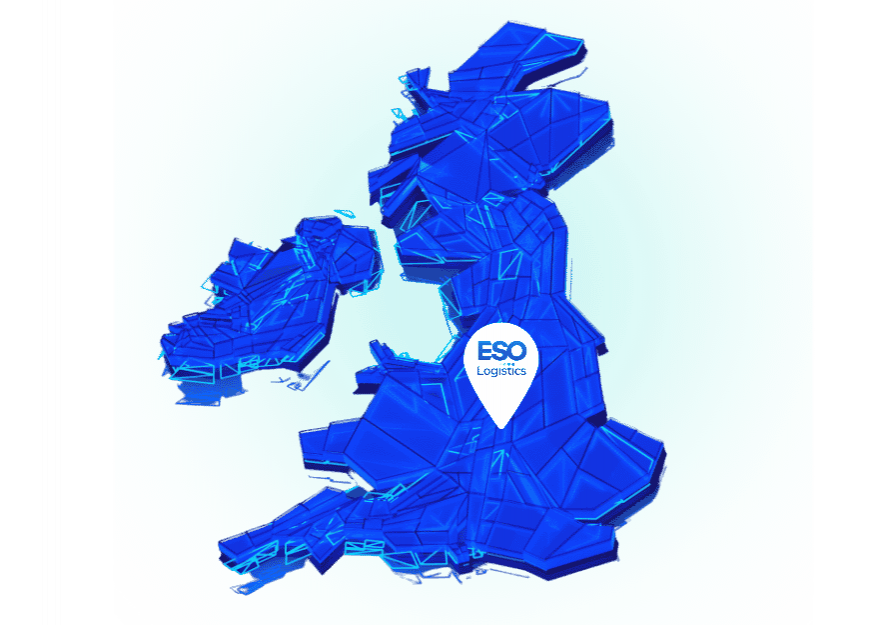 Map of Great Britain in blue with ESO Logistics location