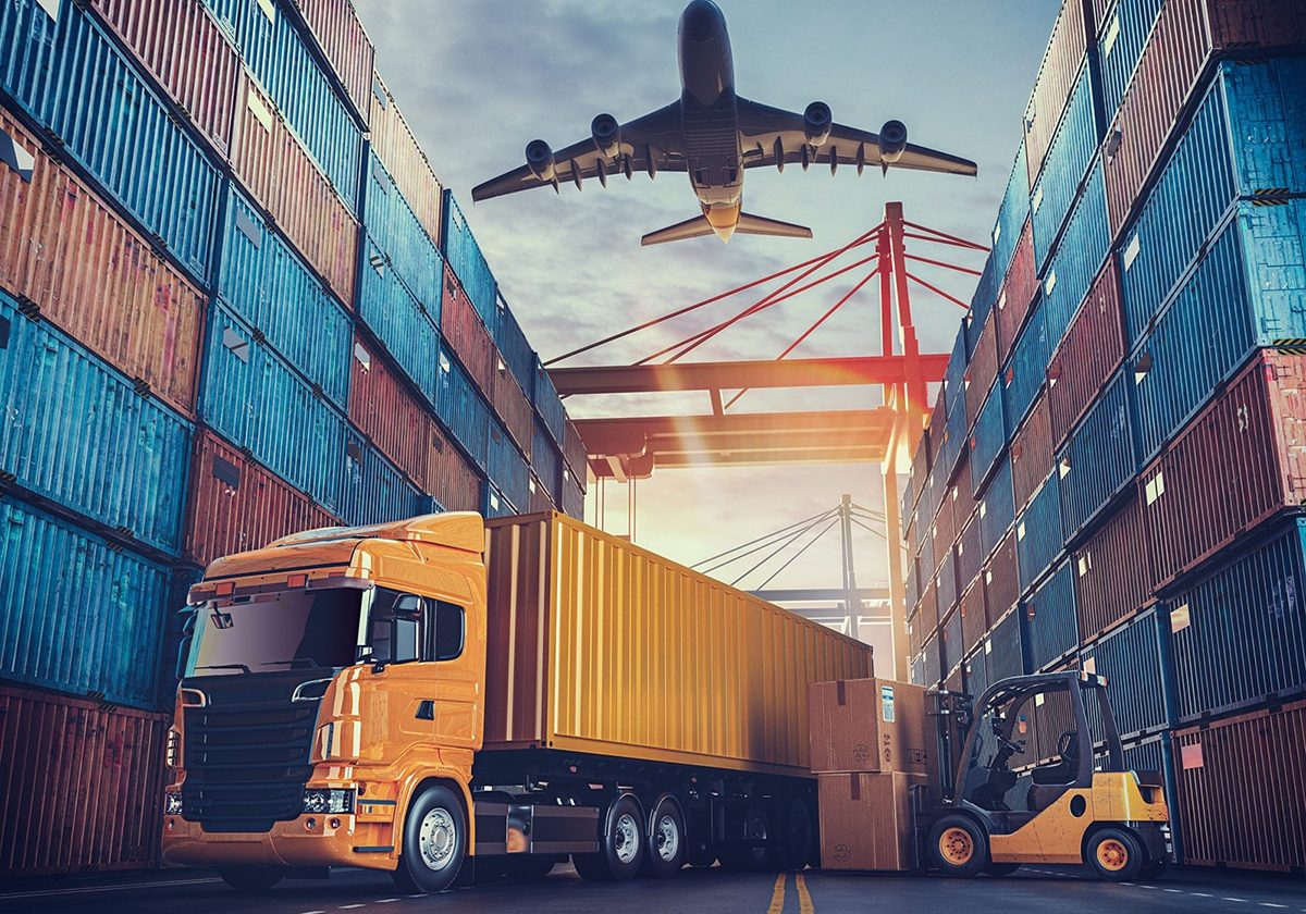 transportation-logistics-container-cargo-ship-cargo-plane ESO Logistics containers bear truck and airplane